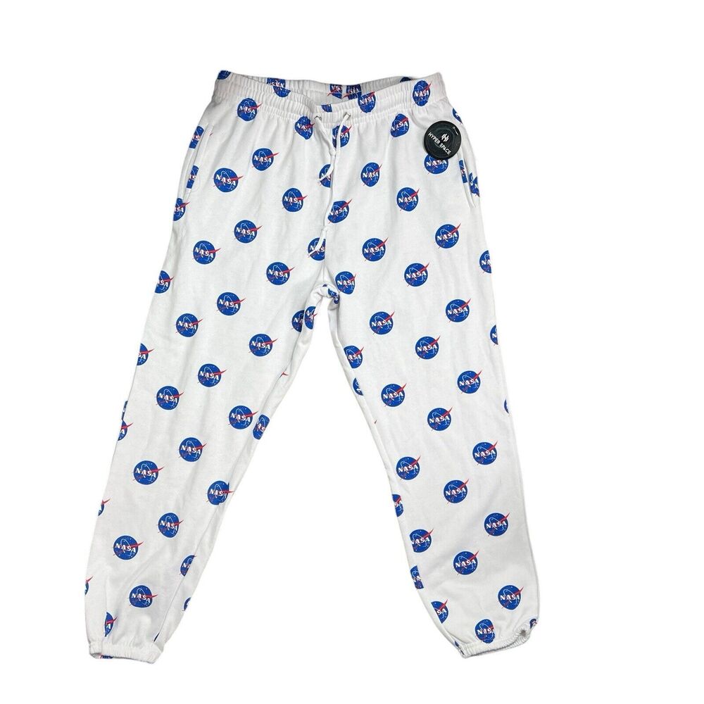 NASA Sweatpants Mens XL White Lounge Allover Graphic Print Pockets Novelty Space